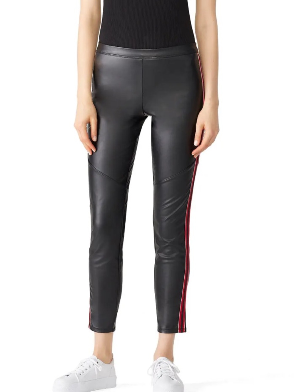 Natori Faux Leather Leggings Black with Red Side Stripe - Size XS